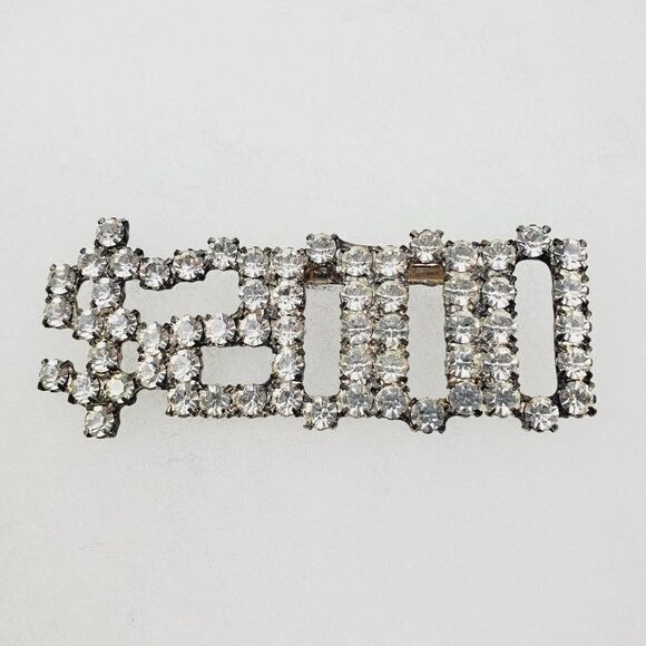 Vintage Jewelry - Vtg $ Dollar Sign Year 2000 Y2K Clear Sparkly Crystal Rhinestone Brooch Pin Long